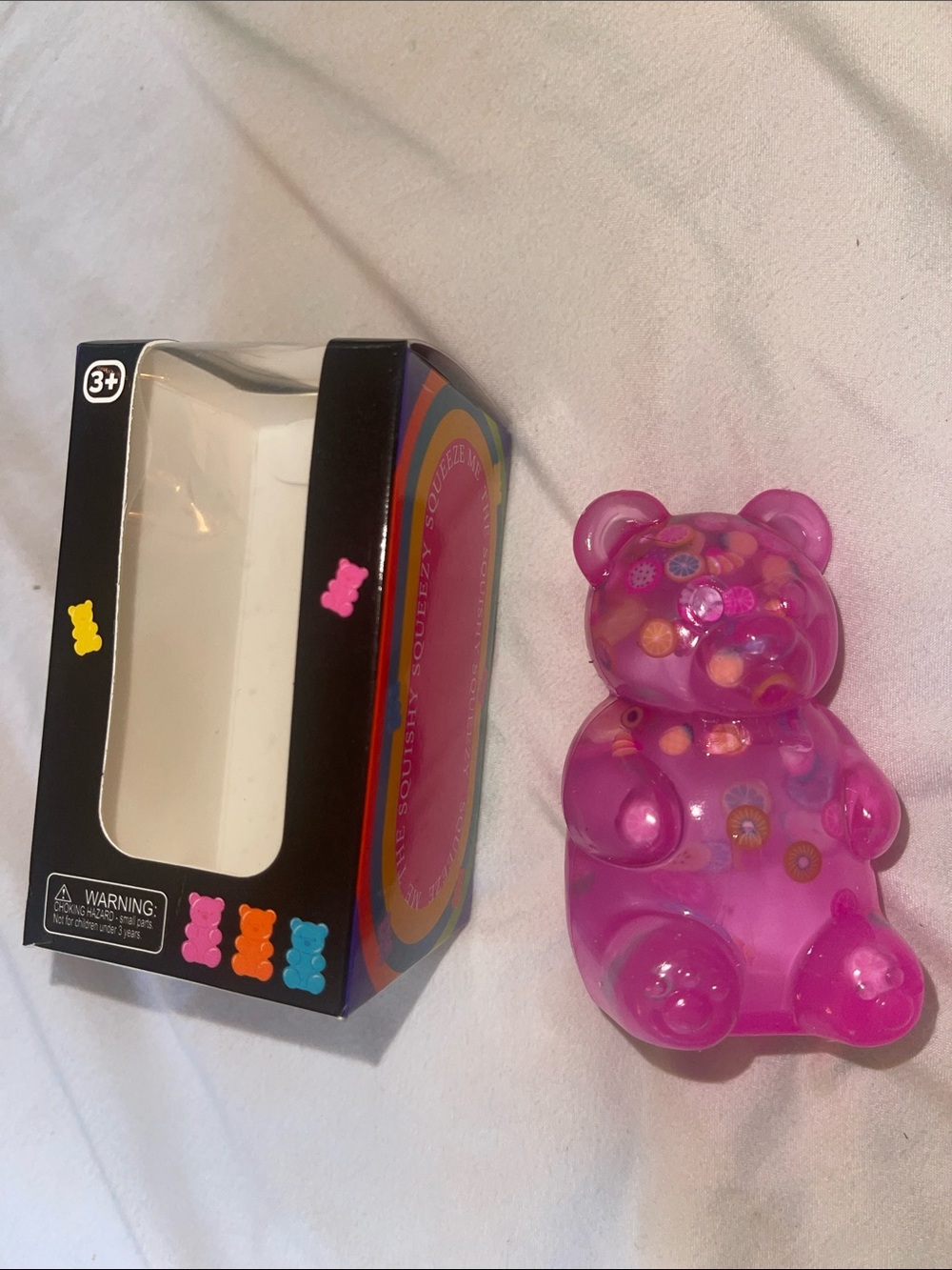 Pink Gummy Bear squishy squeezy with fruit pieces inside nwt in box fidget toy